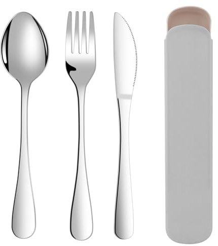 ABOHU Cubiertos para Llevar,4 piezas Cubiertos Camping de Acero Inoxidable con Cuchillos,Cuchara,Tenedores,Estuche,Juego de Utensilios Portátiles para Lonchera Escolar,Picnic,Viajes,Uso Diario(Gris)