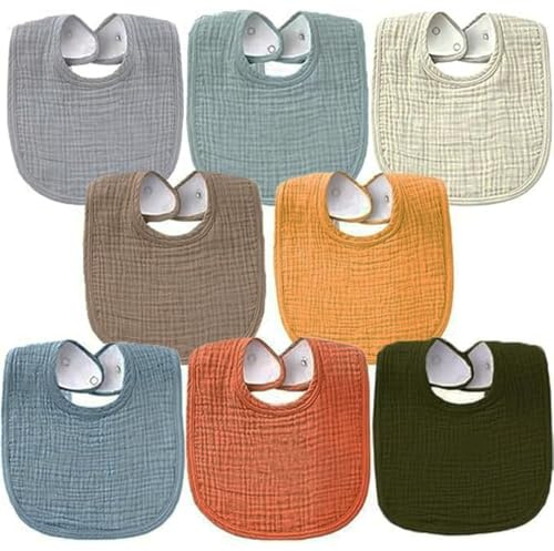 Oaygat 8 Pack U-Shaped Muslin Baby Bibs, Adjustable Snap Fastener Bandana Drool Bibs Ultra Absorbent Soft Feeding & Teething Bibs Unisex Design for Baby