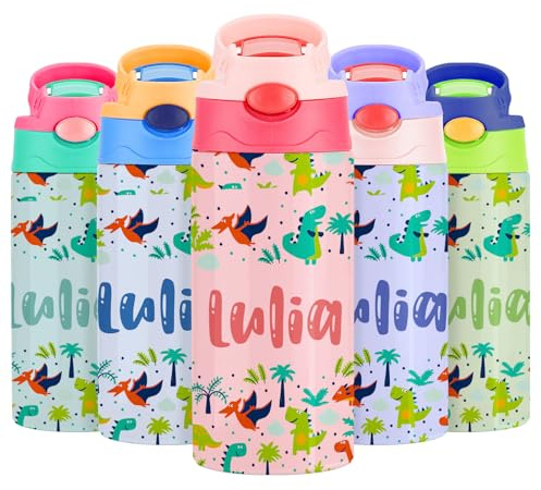 Gourde Isotherme Personnalisable pour Enfant, Bouteille d'eau Personnalisée Prenom Sans BPA Tritan, Gourde Isotherme Enfant avec Paille pour L’école, Sport, Primaire et Maternelle - Multicolore 350ml