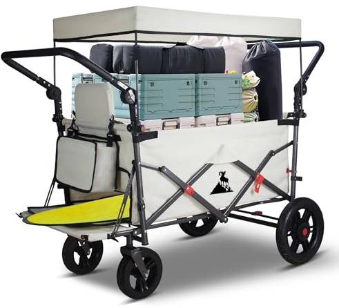 TOPWELL Folding Handcart Trolley, Folding Camping Wagon with Canopy & 2 Folable Seats, Collapsible Beach Cart Foldable for Outdoor Garden Picnic Shopping 265LBS Capacity (Beige)
