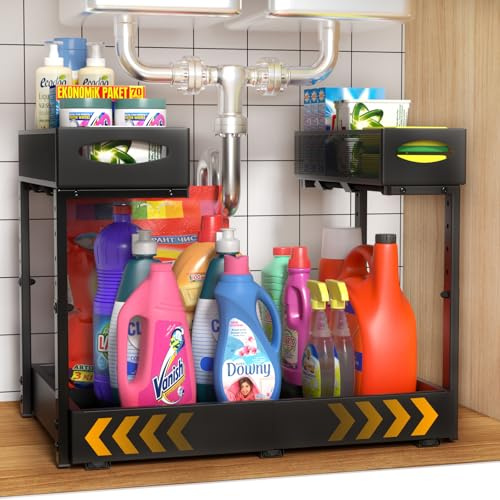 Housolution Rangement sous Évier en Métal, Largeur Extensible de 37 à 55 cm, Hauteur Réglable de 34 à 45 cm, Organisateur Étagère sous Évier Coulissant pour Placard de Cuisine, Deux Côtés