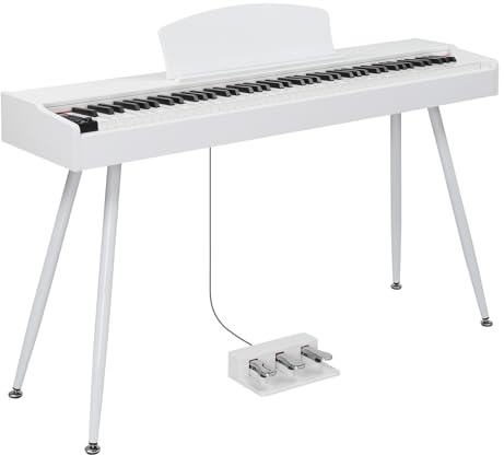 Glarry Piano numérique 88 touches lestées, clavier électronique pour débutant, piano avec casque, support, connexion MIDI, unité à 3 pédales, 128 rythmes (blanc)