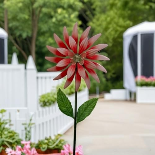 Moulin à vent en forme de tournesol avec piquet en métal pour jardin, cour, pelouse, terrasse, décoration d'été (rouge)