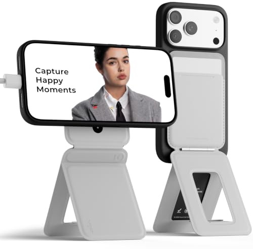 MOFT Handy Stativ für Smartphone, [Ultra Dünn & Tragbar] Faltebar MOVAS Veganes Leder Stativ für Magsafe, 3-in-1 Handy Ständer mit Magnetische Kartenhalter, Mini Selfie Stick, Nebliges Grau | Mulit-Winkel, tragbares L-Movas-Leder, Magsafe-kompatibel, einfach zu laden, Reisezubehör, für Inhaltsersteller