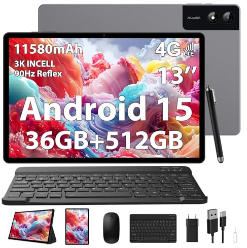 PIXPEAK 3K Tablet 13 pollici con Android 15, 36GB RAM, 512GB ROM (Estensione 2TB), 4G Lte/5G WiFi, 2940*1840, 11580mAh, G99 2.2GHz, 13MP+8MP, Tablet in offerta con Tastiera/GPS/Bluet/4 Speakers-Grigio