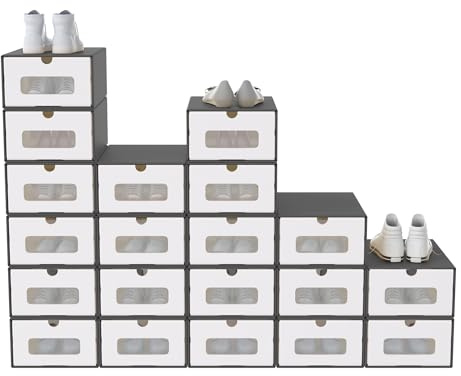 FIVMEN 20 cajas para zapatos apilables de cartón kraft, caja de almacenamiento de zapatos con tapa y ventana transparente, organizador de zapatos, 34,5x23,5x13,5 cm, gris oscuro