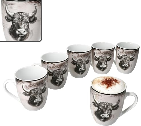 MamboCat Toro Lot de 6 tasses à café - 280 ml - En porcelaine blanche et rose - Avec anse et motif vache - Pour 6 personnes - Style maison de campagne pour boissons chaudes comme le thé, le cacao, etc