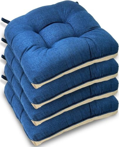 Casabella Chair pads - Dining Chairs Cushion - 4 Pc Cushions 45x45+8cm Non Slip Backing Chairpads - Tufted Seat pads With Ties - Durable & Soft Cushions for Kitchen, Garden - Navy