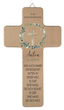 minimutz Personalisiertes Holzkreuz zur Konfirmation, Konfirmationsgeschenk Wandkreuz mit Namen, Datum & Segensspruch, Geschenk Patenkind Enkel (Konfirmation Kreuz)