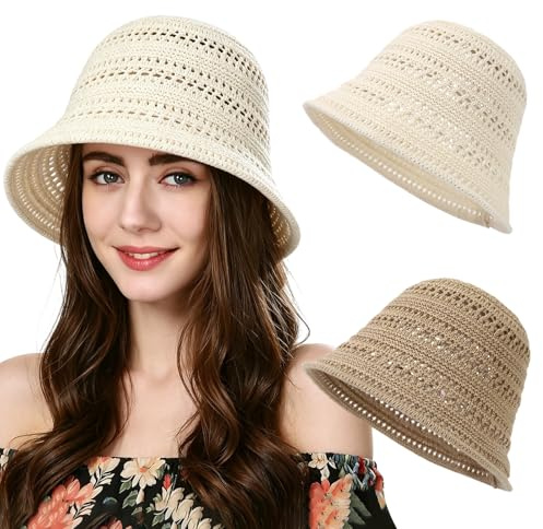 MLPKOI 2 Pcs Sombrero de Sol para Mujer, Bucket Hat Plegable Ligero Verano Sombrero Paja Protección UV Sombrero de Playa para Protección Solar en Playa y Ocio