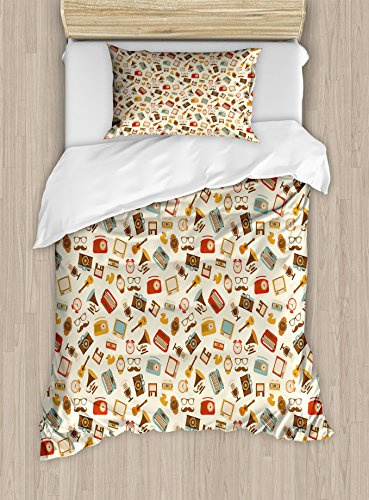 Ambesonne Vintage Duvet Cover Set, Retro Pattern Old Fashioned Alarm Clock Typewriter Gramophone Radio Cassette, Decorative 2 Piece Bedding Set with 1 Pillow Sham, Twin Size, Beige Brown
