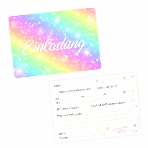 nikima Schönes für Kinder 10 Einladungskarten zum Kindergeburtstag inkl. 10 Briefumschlägen (Regenbogen Glitzer)