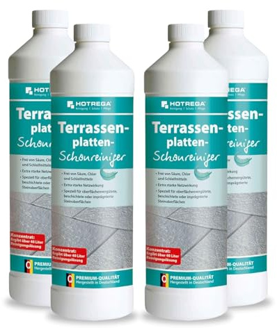 HOTREGA Terrassenplatten-Schonreiniger 4x 1L | Konzentrat Steinreiniger | Für beschichtete, imprägnierte & vergütete Steinflächen | Säurefrei | 4 Liter ergeben bis zu 160 Liter Reinigungslösung