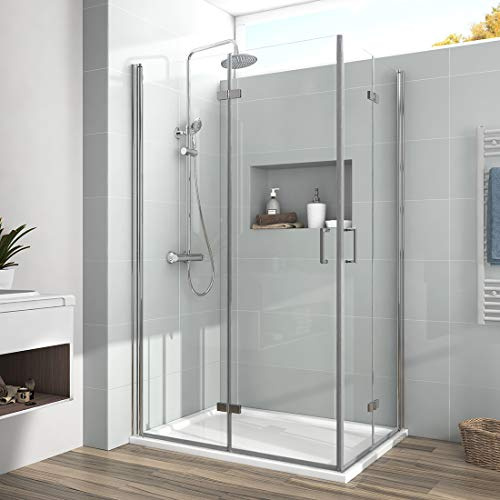 EMKE Duschkabine Eckeinstieg 80x100cm Duschabtrennung Duschwand 6mm ESG klares Sicherheitsglas Duschtür Falttür mit Seitenwand Nano Beschichtung Duschkabinen 195cm