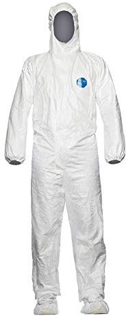 DuPont Tyvek 500 Labo | Chemikalienschutzkleidung mit Kapuze und Überschuhen mit rutschhemmender Sohle, Kategorie III, Typ 5 und 6 | Weiß | Größe XL