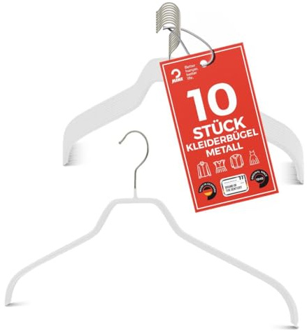 MAWA Kleiderbügel, Set mit 10 platzsparenden und rutschfesten Bügeln, ideal für Hemden und Blusen, mit 360°drehbarem Haken, Antirutschbeschichtung, 45 cm, Weiß