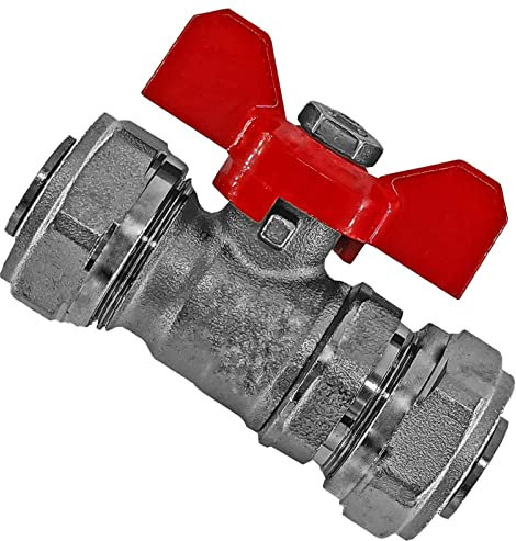 Kugelhahn aus Messing mit Flügelgriff rot für 16,0 x 2,0 mm Rohr Außendurchmesser x Wandstärke Mehrschicht Aluminium Verbundrohr Schraub Fitting Anschluss Klemmring Verschraubung