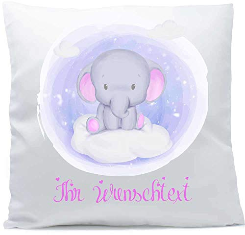 Kissen mit Namen Babyelefant flieder rosa sitzend Elefant Baby Wolke 40x40 cm inkl. Füllung Kuschelkissen, Kissen Farbe:Vorderseite weiß/RS rosa
