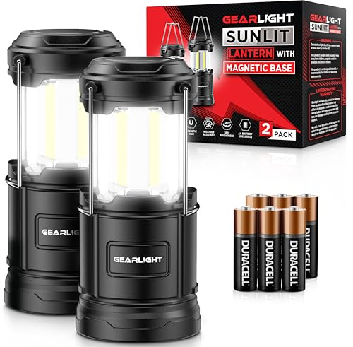 GearLight Camping Lantern - 2 Portable LED Battery Powered Lantern with Magnetic Base and Foldable Hook for Emergency Use or Campsites, Essential Hurricane Survival Kit with Batteries - Black