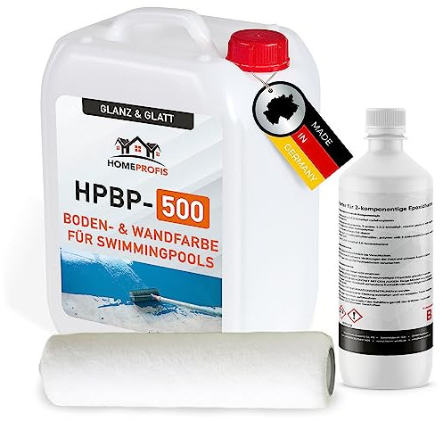 Home Profis® glänzende Swimming Pool Farbe Flüssigkunststoff inkl. Walze (5m²) | Über 30 Farben | Chlorbeständig | 2K Epoxidharz Schwimmbadfarbe | RAL 7032 Kieselgrau | HPBP-500
