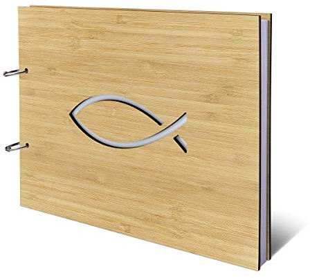 Konfirmation Kommunion Taufe Gästebuch Kondolenzbuch Bambus Ringbuch Holzcover lasergeschnitten 72 Blatt | 144 Seiten DIN A4 quer 302x215mm - Jesus Fisch