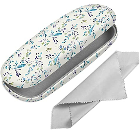 FINTIE Hard Shell Eyeglasses Case, Portable Protective Glasses Cover Eyeglass Holder Box with Cleaning Cloth for Men Women (Blue Robins)