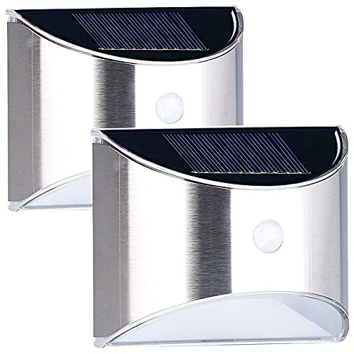 Lunartec LED Fluter: 2er-Set Solar-LED-Wandleuchte mit PIR-Sensor, Edelstahl, 20 lm, IP44 (Solarlampe mit Bewegungsmelder, Wand-Solarlampe für Hauseingang, Bewegungsmeldern)