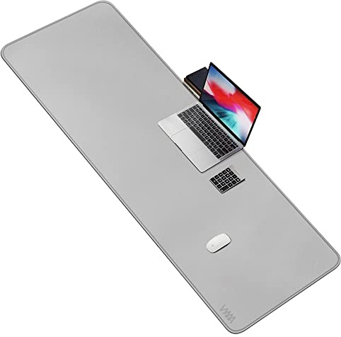 Skrivbordsmatta ovanpå skrivbord, Vyaaa 160 cm x 60 cm skrivbordsmatta i PU-läder, stor skrivbordsmatta för kontor, hem, spel, dator, bärbar dator, tangentbord och mus – ljusgrå