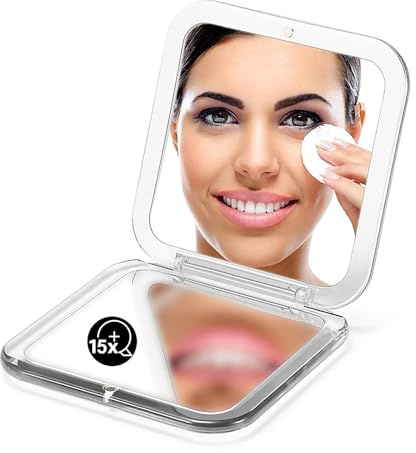 OMIRO Taschenspiegel mit Vergrößerung, 1-fache/15-fache Vergrößerung, Kleiner Reise-Spiegel für Handtaschen, quadratisch, 8,9 cm (Silber) | Vergrößerungs-Make-up-Spiegel, Taschenspiegel für Damen und Herren, Geldbörsen-Zubehör, quadratisch, Silber