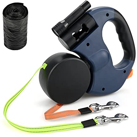 Correa retráctil doble para perro, reforzada y extensible con mango antideslizante, con luz LED y caja de basura para pasear a 2 perros, banda de nailon fuerte sin enredos de 360°, freno con una sola