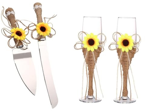 TANG SONG Cake Knife and Server with Champagne Glasses Sets Resin Plastic Handle with with Sunflower Burlap Lace Design