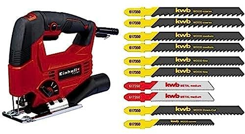 Einhell Scie sauteuse pendulaire TC-JS 80/1 (550 W, Régime 1000-3000 trs/min, Capacité de coupe bois/acier/plastique : 80/10/20 mm, Coupe en biais 45° maximum) + Boîte de 10 lames