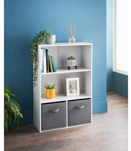 Fizporium Lokken Bookcase With 2 grey baskets Stylish 2 Door Bookshelf Ideal For Storing Books, CDs & DVDs and Much More W60 x D28 x H90cm (Approx.)- White