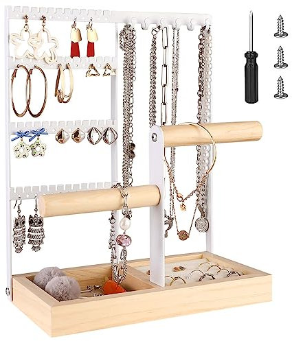 Mkitnvy Schmuckständer,schmuckhalter, Jewelry Organizer, Kettenhalter aus Holz und Metall, 4-Tier Schmuckhalter Ausstellungsstück Ringe,Ohrringe, Armbänder, Uhren und Accessoires