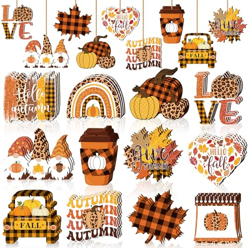 Karenhi 36 adornos colgantes de madera de Acción de Gracias, decoraciones de árbol de otoño, calabaza, gnomo, hoja, camión, Acción de Gracias, recortes de madera, letreros colgantes de otoño y