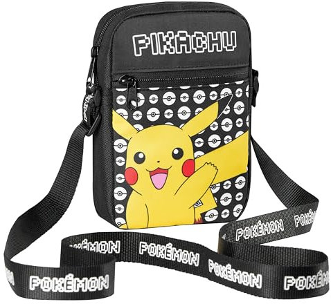 Pokemon Kinder Umhängetasche, Pikachu Reisetasche mit Verstellbarer Schultergurt, Großes Hauptfach mit Reißverschluss Kinder Geschenke (Schwarz Pikachu)