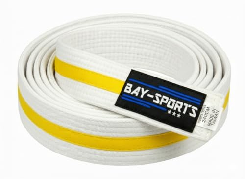 Budogürtel, Kampfsportgürtel, weiß/gelb/weiß zweifarbig dreifarbig mit Mittelstreifen Wettkampfgürtel Budo Gürtel Kampfsport Karate Judo Taekwondo
