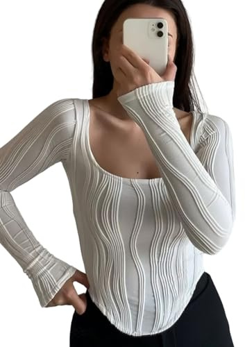 Rongseng Donna Maglietta a Maniche Lunghe Crop Top Sexy Slim T Shirt con Scollo Quadrato Testurizzato Camicette Eleganti Aderente Cropped Tops Tinta Unita Pullover Moda Casual Y2k Streetwear