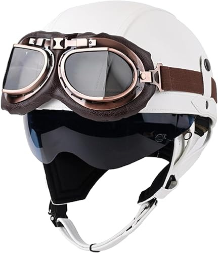 YMKJGZS German Style Leather Motorcycle Half Helmet - DOT Approved Vintage Cap Half Face Shell Motorcycle Helmets for ATV Adults Men Women Cruiser Chopper Built-in Goggles (12,L)