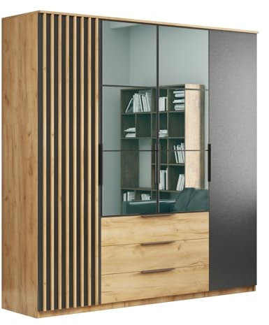BM-Möbel Kleiderschrank mit Drehtüren, Schubladen und Spiegel - mit Einlegeböden und Kleiderstange - für Garderobe, Schlafzimmer - mit Lamellen - Eiche Holzimitat und Schwarz - 200 cm B, 215 cm H