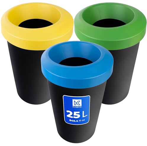 KADAX Juego de cubos de basura para reciclaje, cubo de basura redondo de plástico resistente, contenedor de basura, cubo de basura (3 x 25 L)