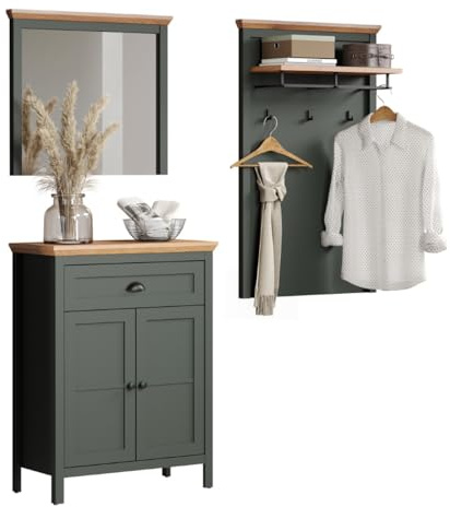 trendteam smart living - Stanton - Garderoben-Set - Tannengrün/Evoke Eiche - Kommode, Wandspiegel, Garderobenpaneel - (BxHxT) 169 x 198 x 39 cm - Landhausstil