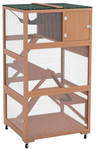 PawHut Catio, Outdoor Cat Enclosure House, Wooden Feral Cat Shelter on Wheels, Cat Cage with Hammock, Platforms Ramps, and Weather Protection Asphalt Roof, 34, Orange