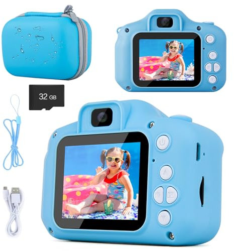 Macchina Fotografica Bambini 1080P - 2.0 Schermo Ricaricabile Fotocamera Digitale Bambina Videocamera Ragazze Ragazzi 3-10 Anni con Scheda 32 GB, Regali Giocattolo di Natale & Compleanno (Blu)