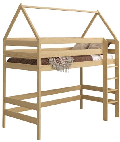 Loft Bed Hausbett Etagenbett Kinder 80x160 Hochbett Mit Treppe Kinderhochbett Hoch Bett Erwachsene Jugendliche (natürlich)