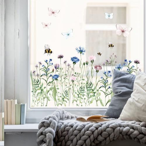 Wandtattoo Loft Fensterbilder Frühling mit Kornblumenwiese& Hummeln – A2 Bogen, Wiederverwendbar – Frühlingsdeko Fenster, Frühlingsbild Fenster, Fensterdeko Frühling, Fensterfolie Frühling