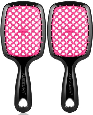 Aussumy 2 Pack Vented Detangling Hair Brush - Detangler Hairbrush with Soft Bristles for Effortless Tangle Free -Ideal for Natural Curly Straight Wet Dry Damaged Hair for Women Men Kids - Magenta