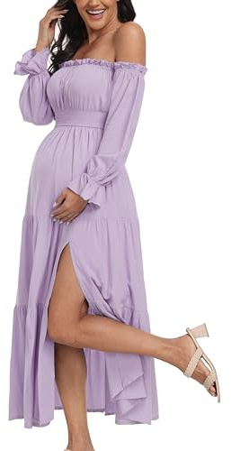 Umstandskleid im Boho-Stil, schulterfrei, lange Ärmel, Seitenschlitz, fließendes Maxikleid in A-Linie mit Stufenrock für Babyparty und Schwangerschaftsfotos