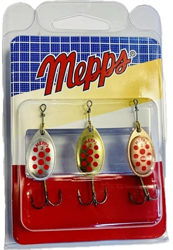 MEPPS - Set mit 3 Löffeln Aglia Nr. 2 – ideal für Forellen und andere Raubfische – Motiv rote Punkte – 1 x Silber, 1 x Gold, 1 x Kupfer – 4,5 g (N°2)
