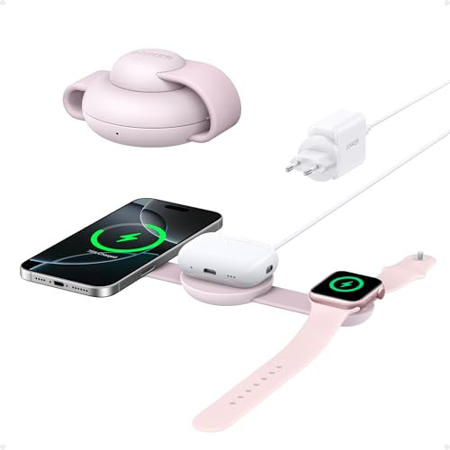 Anker MagGo Chargeur Induction iPhone Station de Recharge Sans Fil 3 en 1 Compatible MagSafe, Certifié Qi2 15W, Chargeur de Voyage pliable, iPhone 17/16/15, AirPods,Apple Watch (chargeur USB-C inclus)
